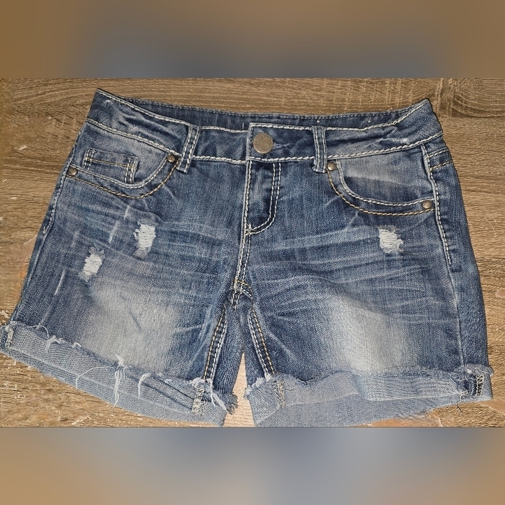 Almost Famous Premium Denim Jean Shorts Cut-off Cuff Ripped Distressed Sz 9